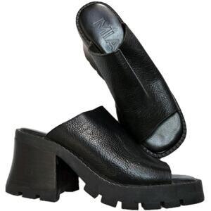 Vintage MIA Sandals Womens 7M Black Leather Mules Sandals Heels Chunky Y2K